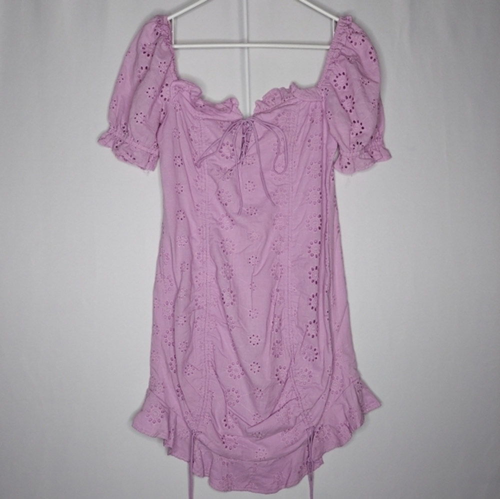 Tea Cup Dress Medium Purple Mini Puff Sleeve Off-Shoulder Eyelet‎ Cottagecore